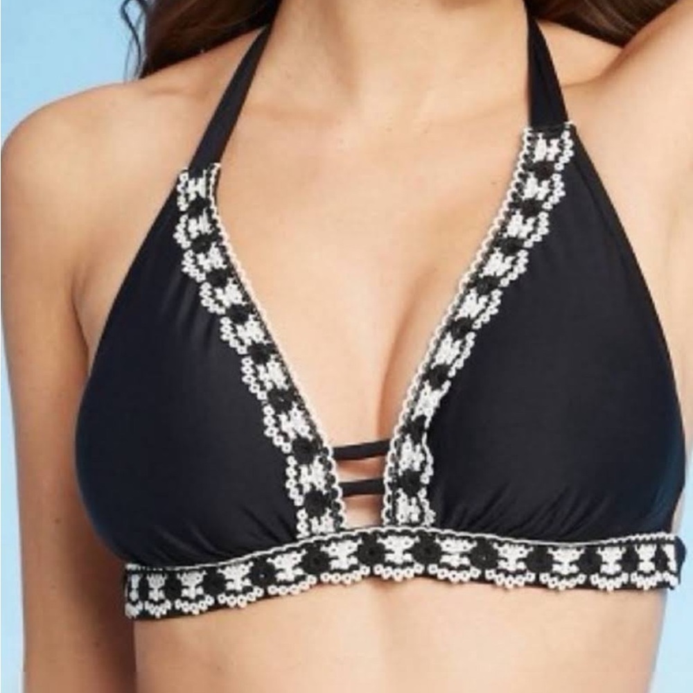 New Kona Sol black triangle embroidered halter  bikini swimsuit top small